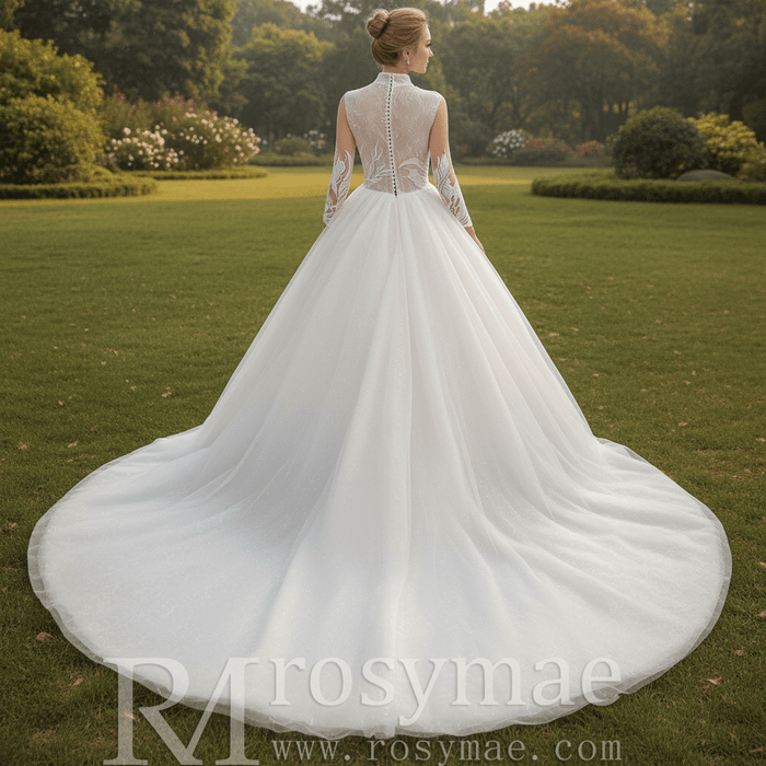 Plunging Neckline Ballgown Wedding Dress with Long Sleeves - Rosymae
