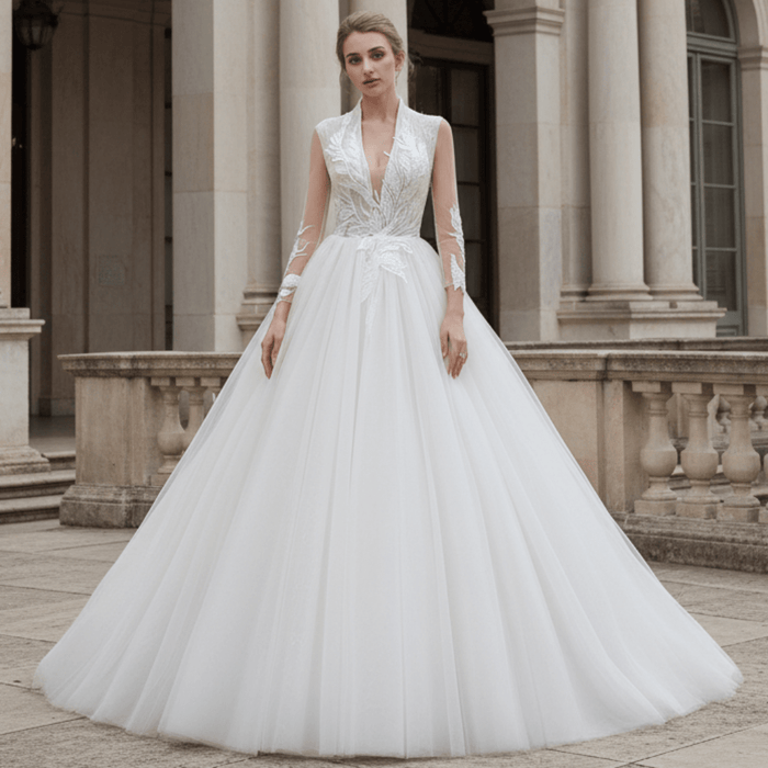 Plunging Neckline Ballgown Wedding Dress with Long Sleeves - Rosymae