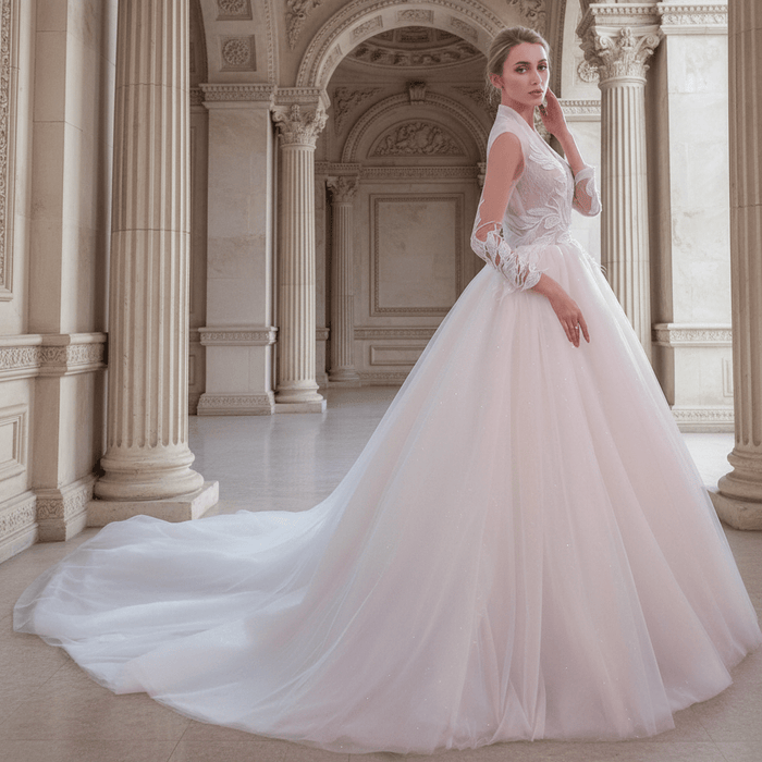 Plunging Neckline Ballgown Wedding Dress with Long Sleeves - Rosymae