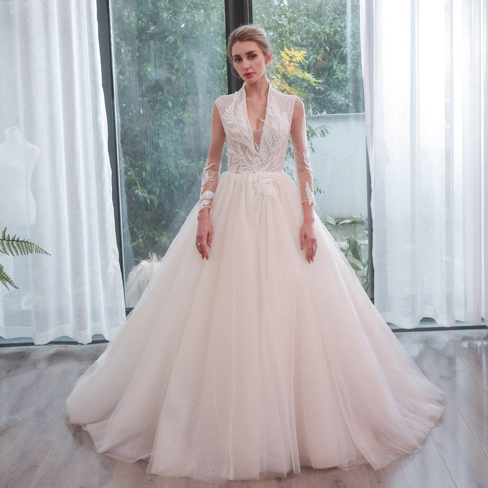 Plunging Neckline Ballgown Wedding Dress with Long Sleeves - Rosymae
