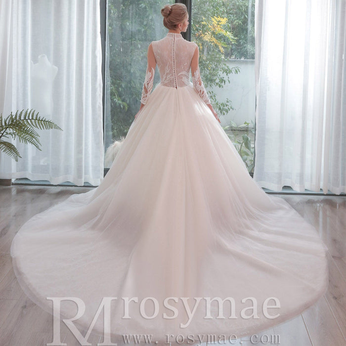 Plunging Neckline Ballgown Wedding Dress with Long Sleeves - Rosymae