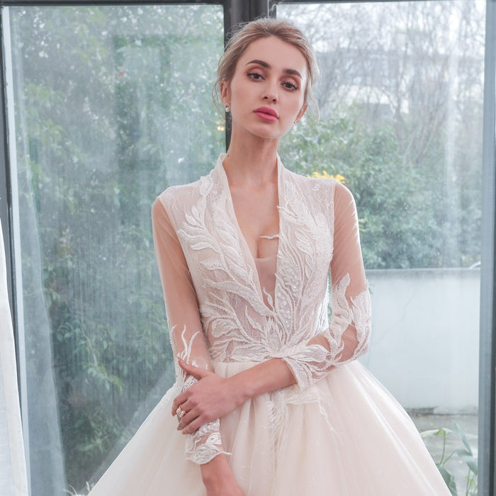 Plunging Neckline Ballgown Wedding Dress with Long Sleeves - Rosymae