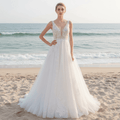 Plunging Neckline Sparkle Tulle A Line Wedding Dress with Tank Sleeve - Rosymae