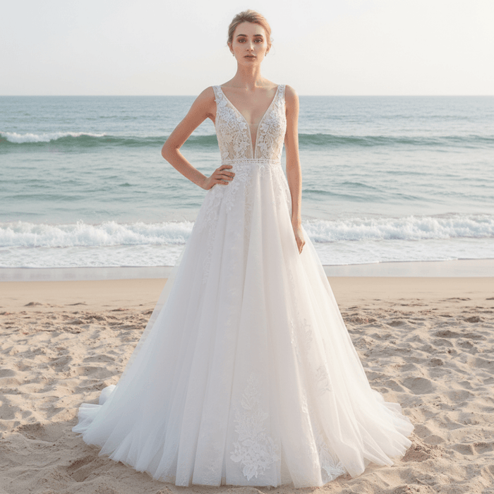 Plunging Neckline Sparkle Tulle A Line Wedding Dress with Tank Sleeve - Rosymae