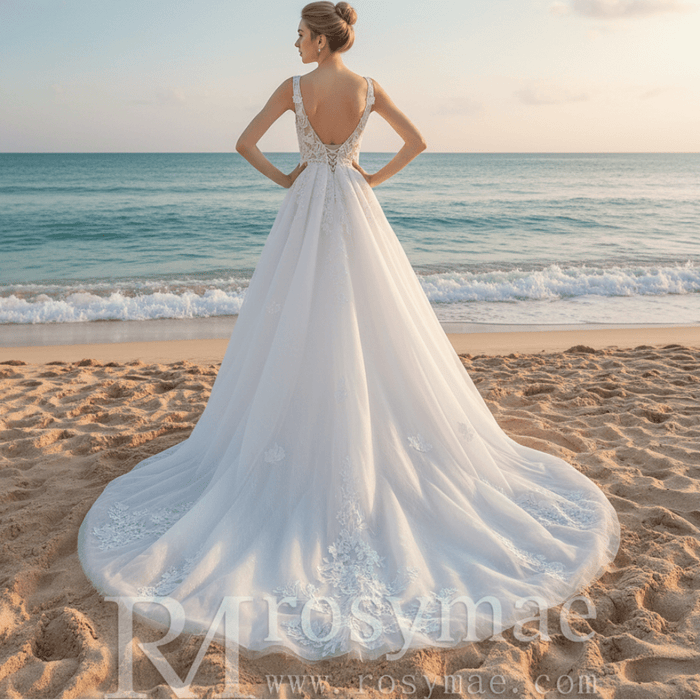 Plunging Neckline Sparkle Tulle A Line Wedding Dress with Tank Sleeve - Rosymae