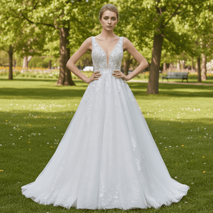 Plunging Neckline Sparkle Tulle A Line Wedding Dress with Tank Sleeve - Rosymae