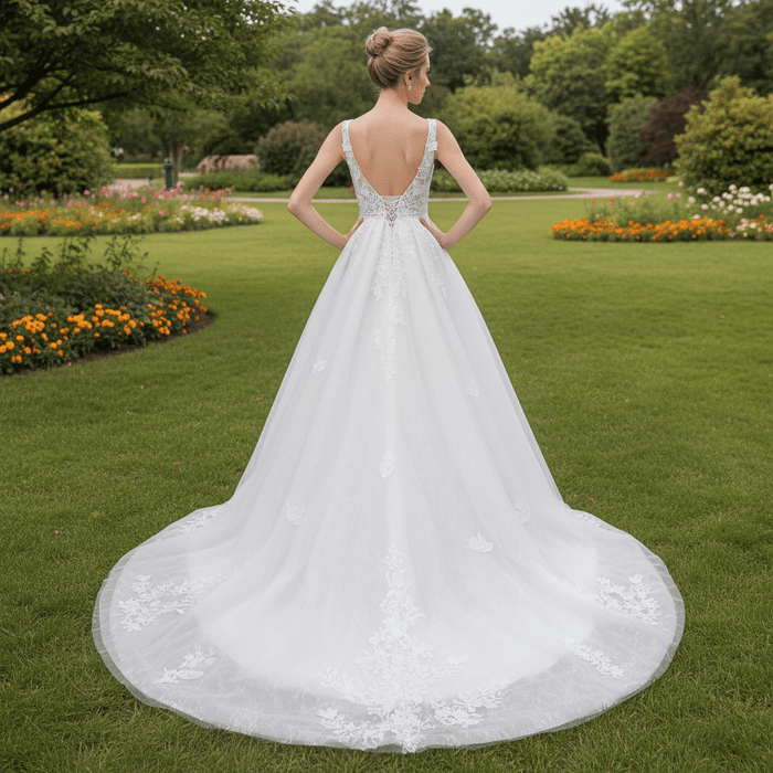Plunging Neckline Sparkle Tulle A Line Wedding Dress with Tank Sleeve - Rosymae