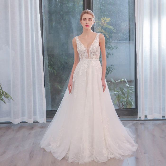 Plunging Neckline Sparkle Tulle A Line Wedding Dress with Tank Sleeve - Rosymae
