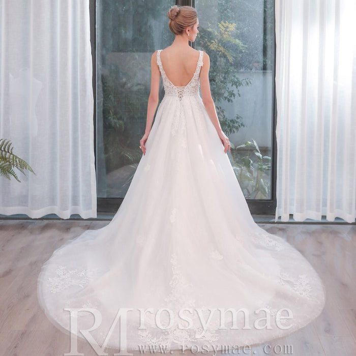 Plunging Neckline Sparkle Tulle A Line Wedding Dress with Tank Sleeve - Rosymae