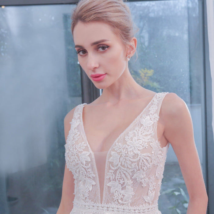 Plunging Neckline Sparkle Tulle A Line Wedding Dress with Tank Sleeve - Rosymae