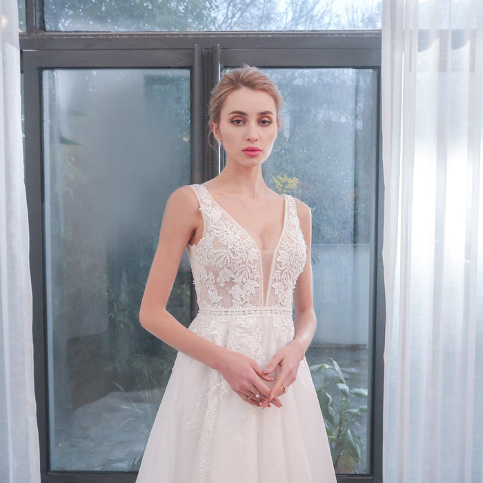 Plunging Neckline Sparkle Tulle A Line Wedding Dress with Tank Sleeve - Rosymae