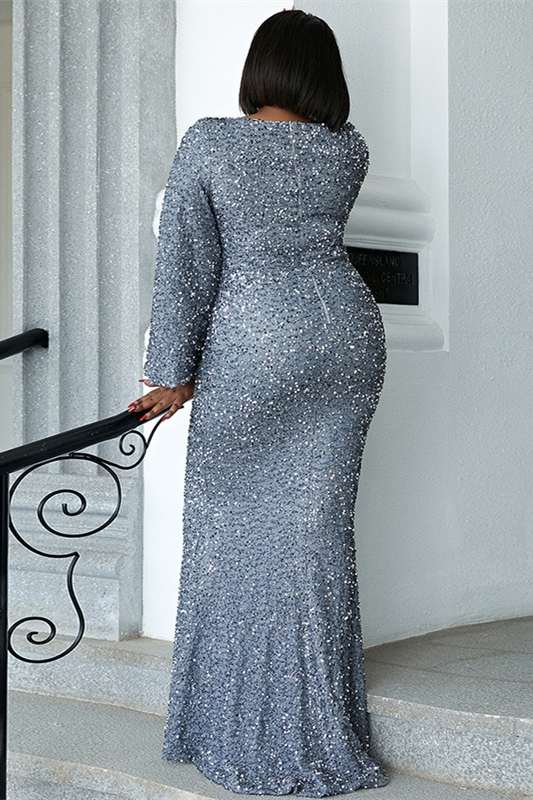 Plus Size Gray Sequin V-Neck Long Sleeve Mermaid Prom Dress