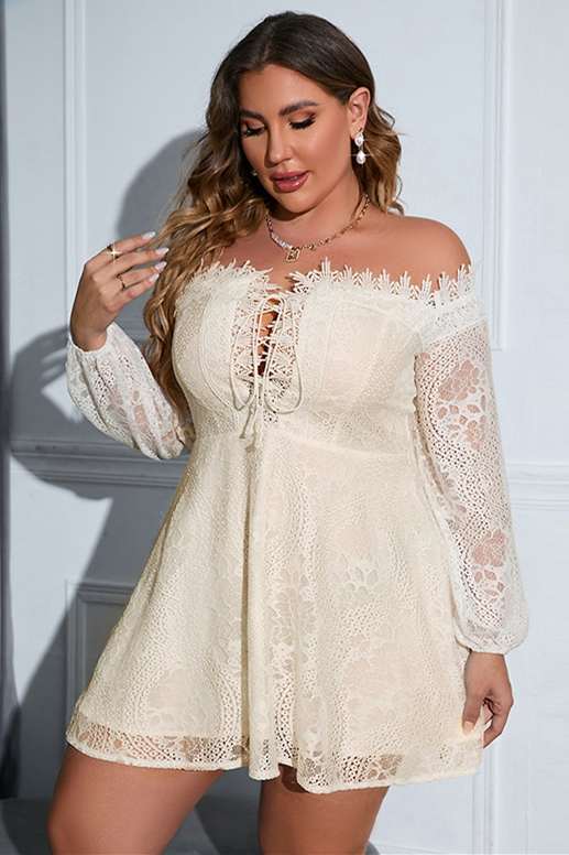 Plus Size Off-White Lace Off-the-Shoulder Long Sleeve Party Dress