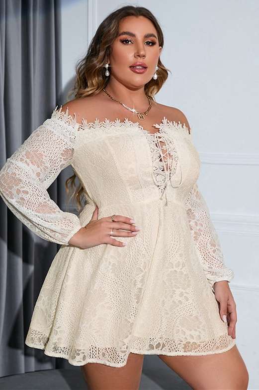 Plus Size Off-White Lace Off-the-Shoulder Long Sleeve Party Dress