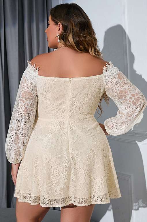 Plus Size Off-White Lace Off-the-Shoulder Long Sleeve Party Dress