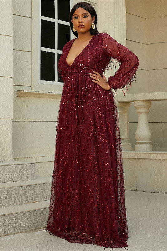 Plus Size Wine Red Fringes V-Neck Long Sleeve A-Line Prom Dress