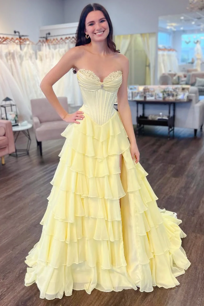 Popular A-Line Strapless Empire-Waist Ruffles Chiffon Long Prom Dress with Slit