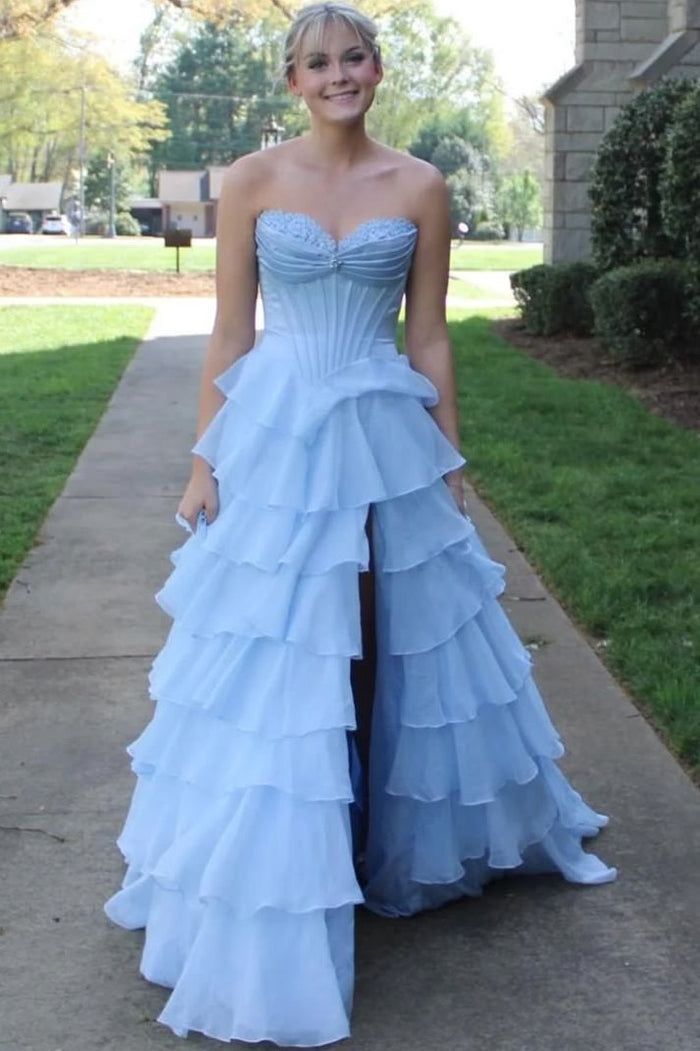 Popular A-Line Strapless Empire-Waist Ruffles Chiffon Long Prom Dress with Slit
