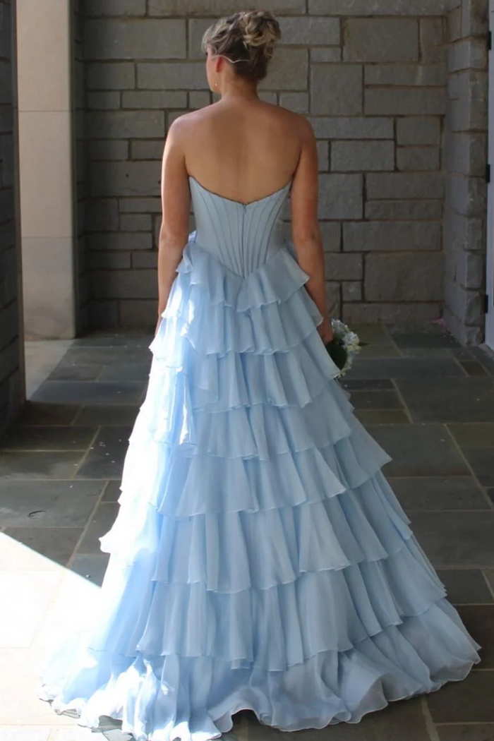 Popular A-Line Strapless Empire-Waist Ruffles Chiffon Long Prom Dress with Slit