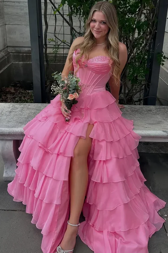Popular A-Line Strapless Empire-Waist Ruffles Chiffon Long Prom Dress with Slit
