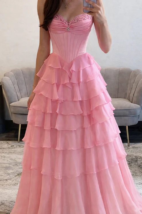 Popular A-Line Strapless Empire-Waist Ruffles Chiffon Long Prom Dress with Slit
