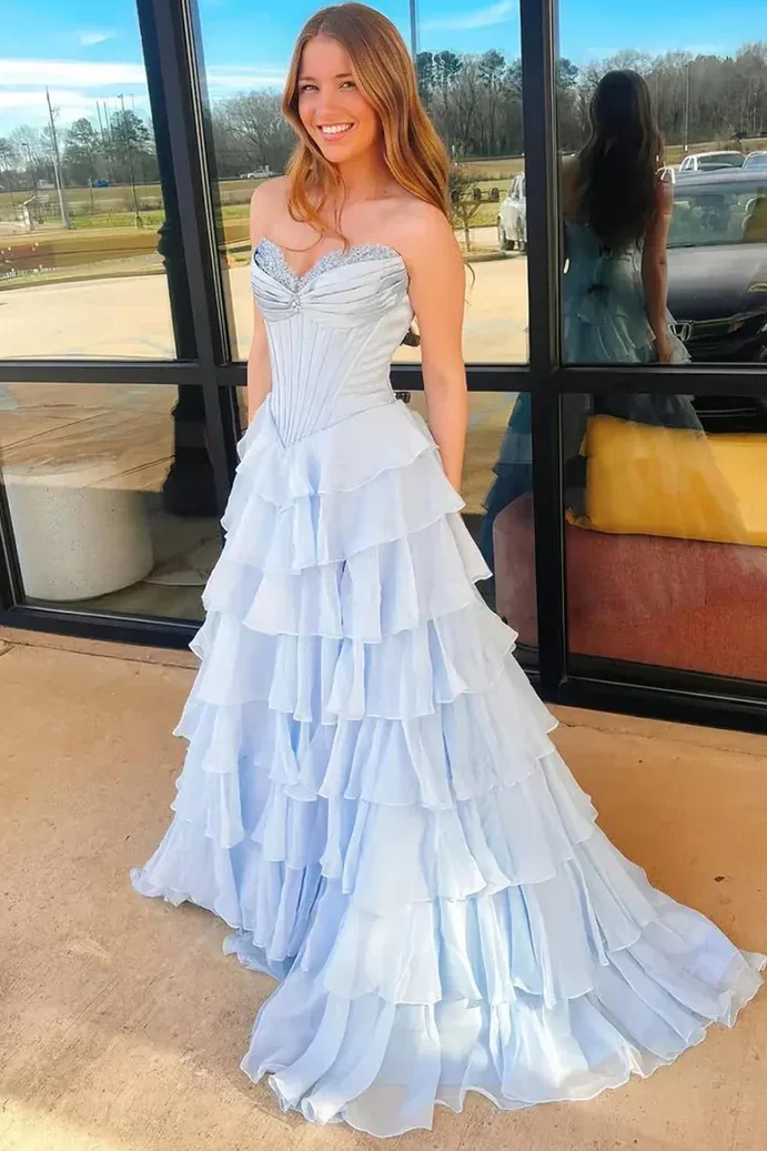 Popular A-Line Strapless Empire-Waist Ruffles Chiffon Long Prom Dress with Slit
