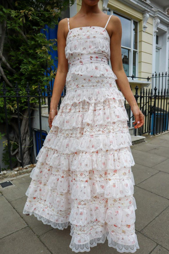 Pretty Spaghetti Straps Ruffles Lace Print Sleeveless A-Line Prom Party Dress