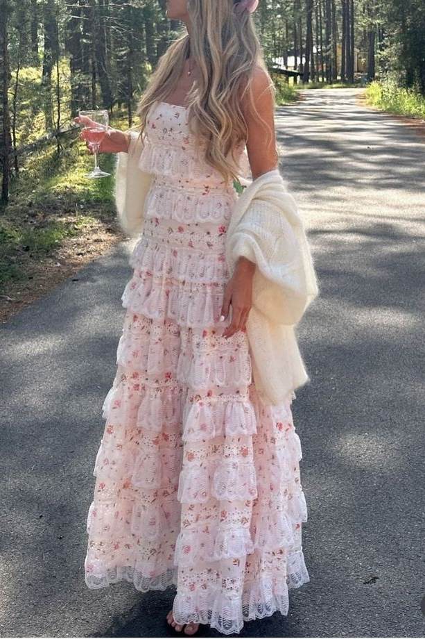 Pretty Spaghetti Straps Ruffles Lace Print Sleeveless A-Line Prom Party Dress