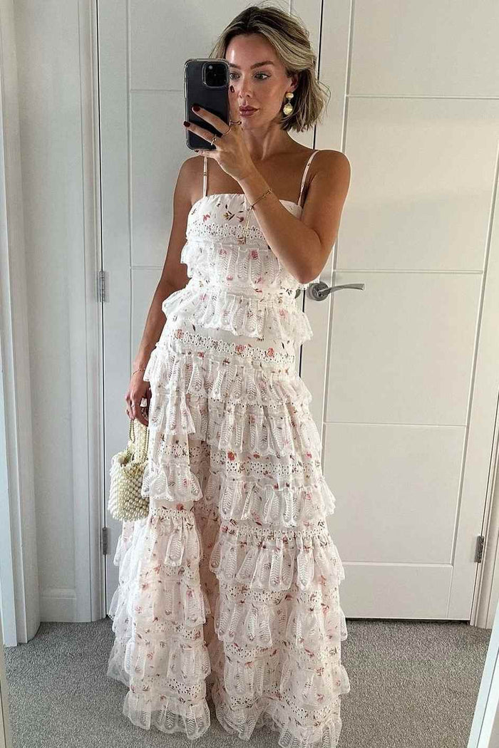 Pretty Spaghetti Straps Ruffles Lace Print Sleeveless A-Line Prom Party Dress