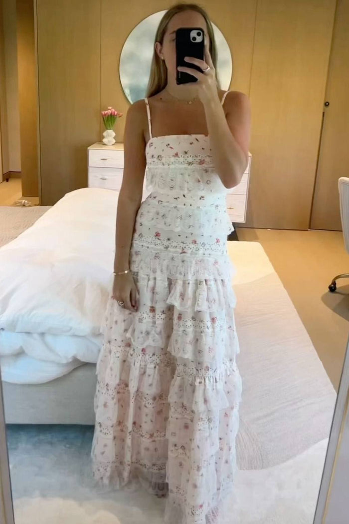 Pretty Spaghetti Straps Ruffles Lace Print Sleeveless A-Line Prom Party Dress