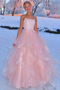 Princess A-Line Spaghetti Straps Empire-Waist Ruffles Pink Long Prom Dress