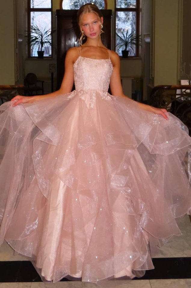 Princess A-Line Spaghetti Straps Empire-Waist Ruffles Pink Long Prom Dress