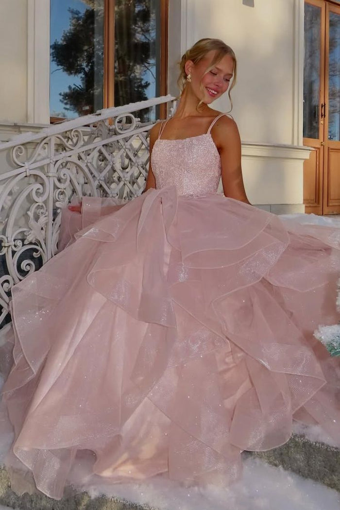 Princess A-Line Spaghetti Straps Empire-Waist Ruffles Pink Long Prom Dress