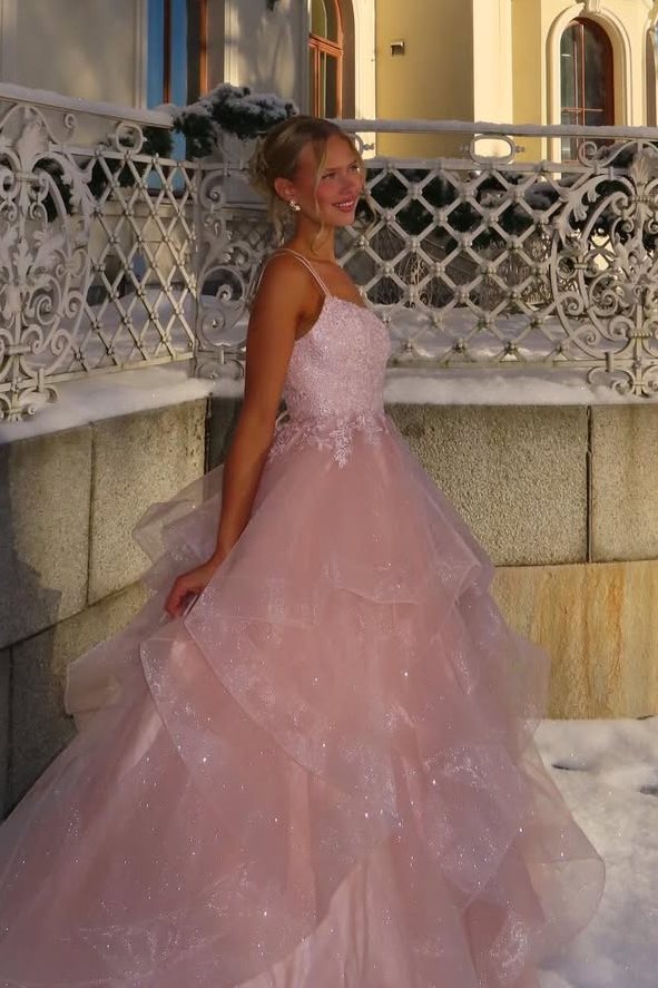 Princess A-Line Spaghetti Straps Empire-Waist Ruffles Pink Long Prom Dress