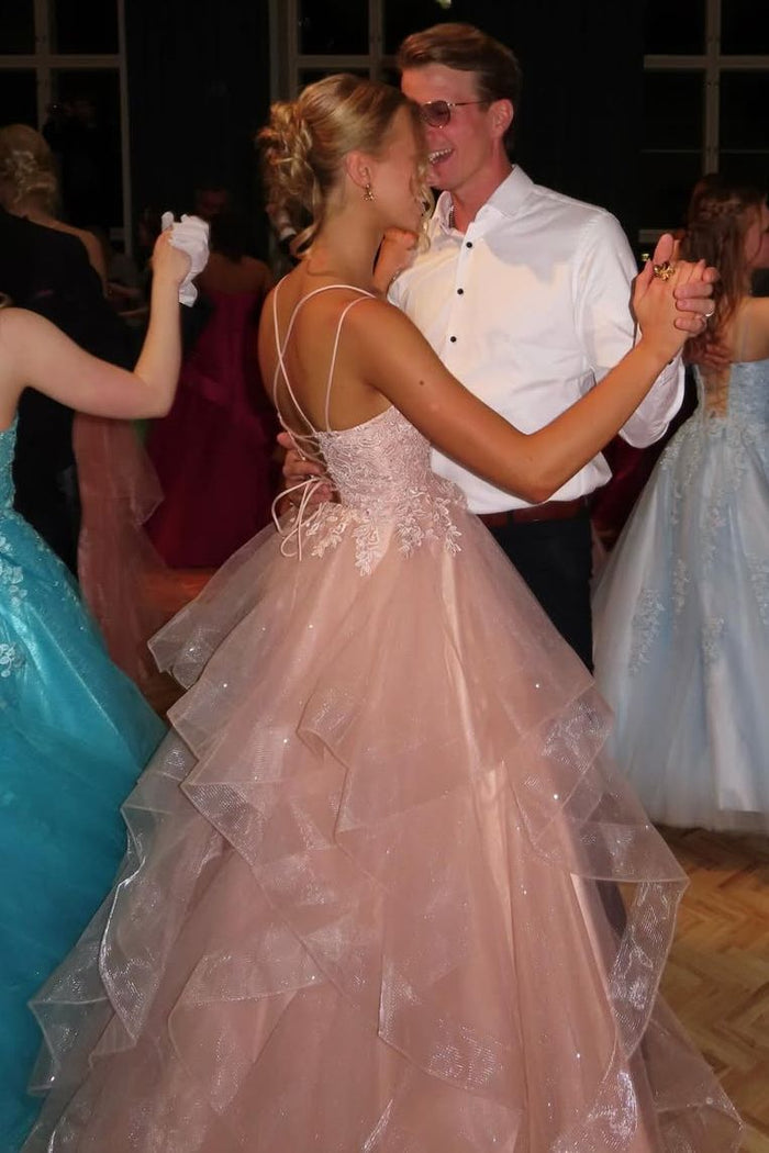 Princess A-Line Spaghetti Straps Empire-Waist Ruffles Pink Long Prom Dress