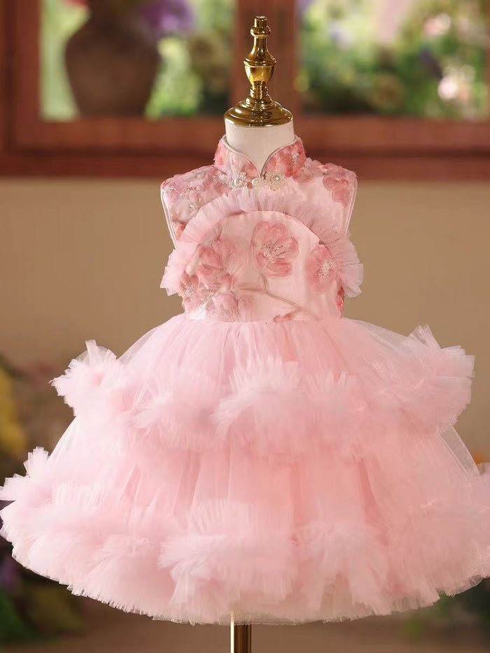 Princess Pink 3D Flowers Ruffled Kids Pageant Dress For Birthday Party D179