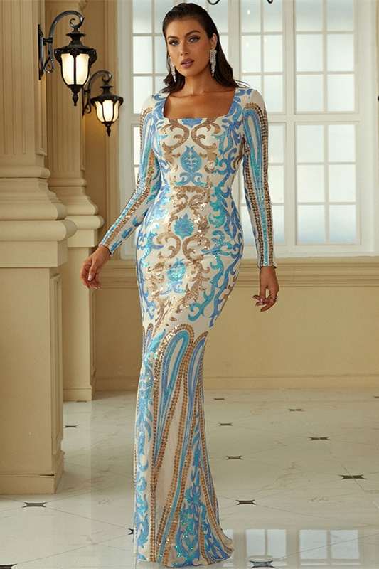 Print Square Neck Long Sleeve Sheath Evening Dress