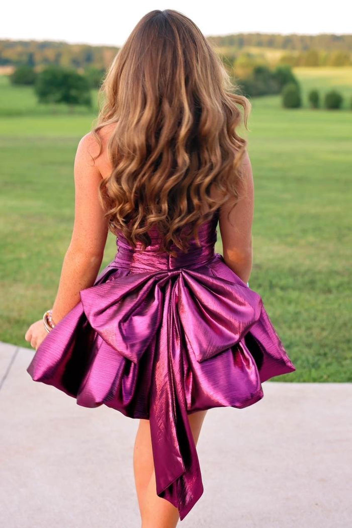 Purple A-Line Metallic Strapless Pleated Short Homecoming Dress