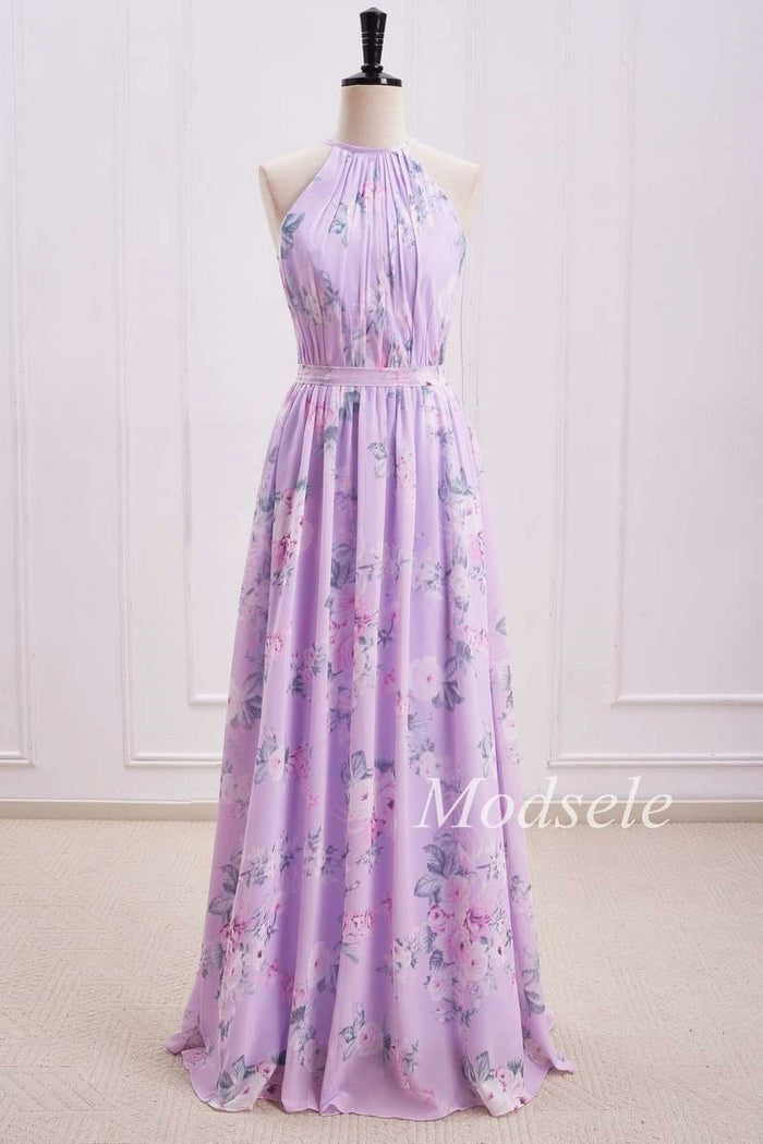 Purple Floral Print Halter Long Bridesmaid Dress