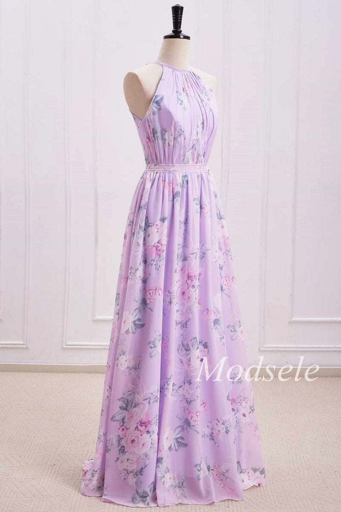 Purple Floral Print Halter Long Bridesmaid Dress