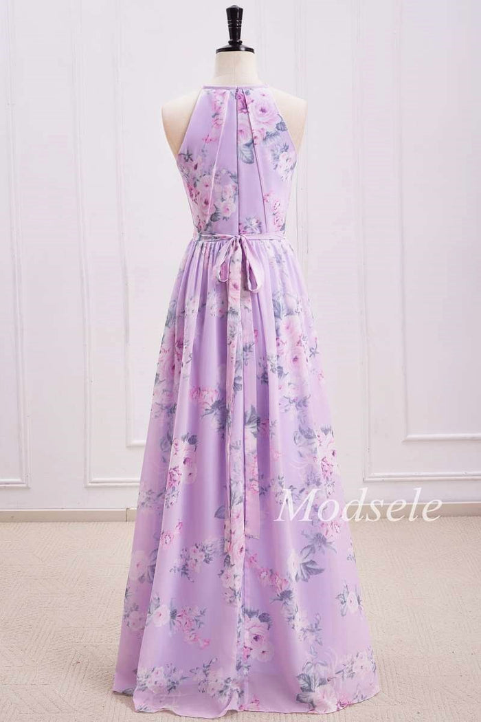 Purple Floral Print Halter Long Bridesmaid Dress