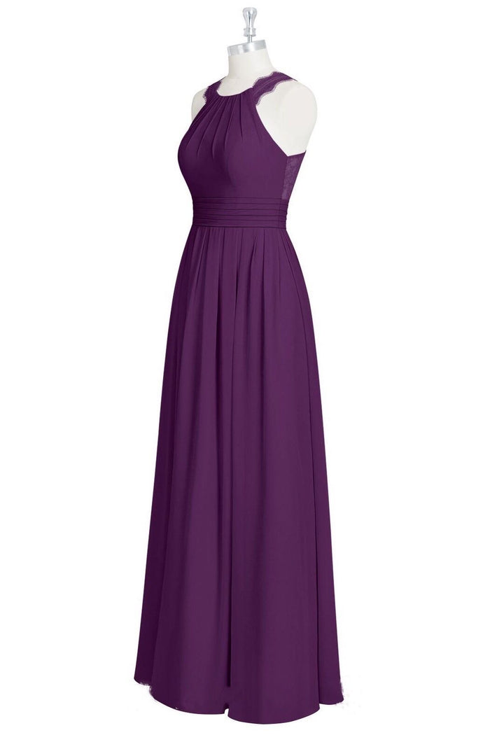 Purple Halter Backless A-line Gathered Bridesmaid Dress