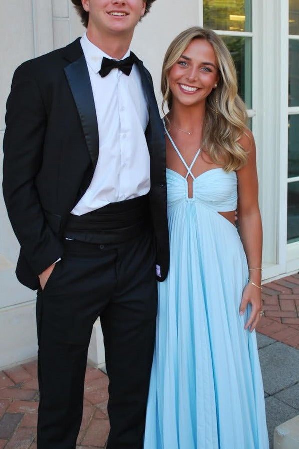 Purple Halter Spaghetti Straps Pleated A-Line Sleeveless Long Prom Dress