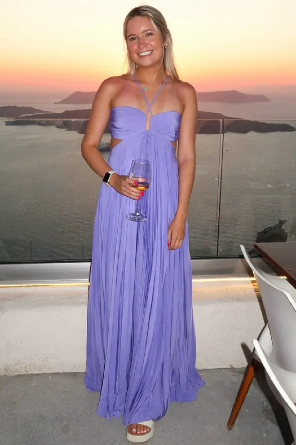 Purple Halter Spaghetti Straps Pleated A-Line Sleeveless Long Prom Dress