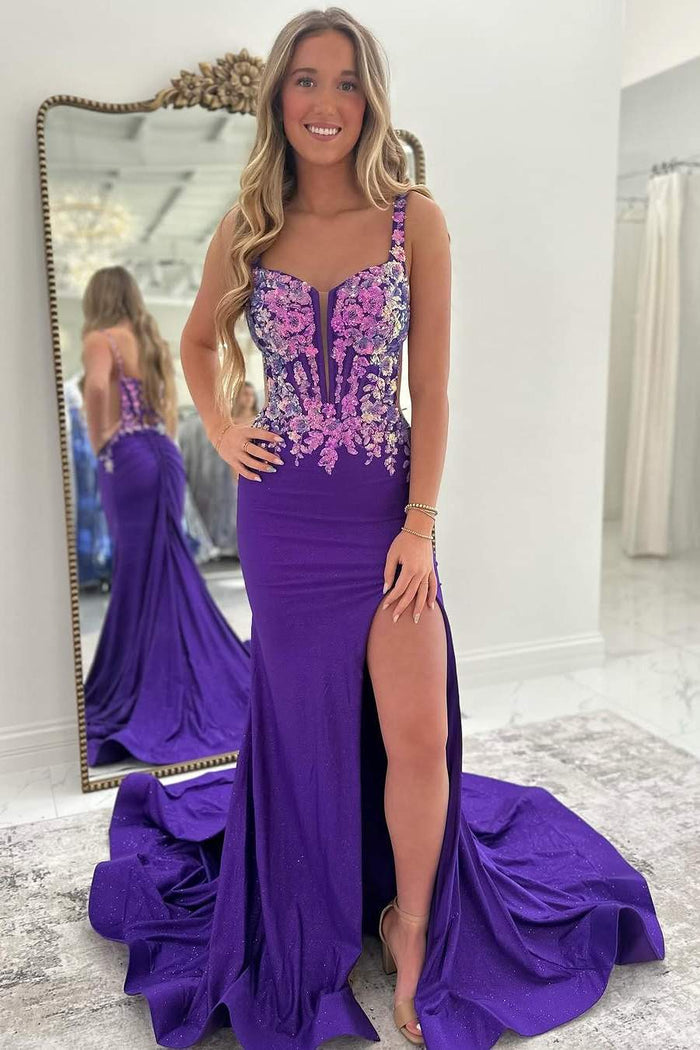 Purple Mermaid Straps V-Neck Appliques Sleeveless Prom Dress with Slit