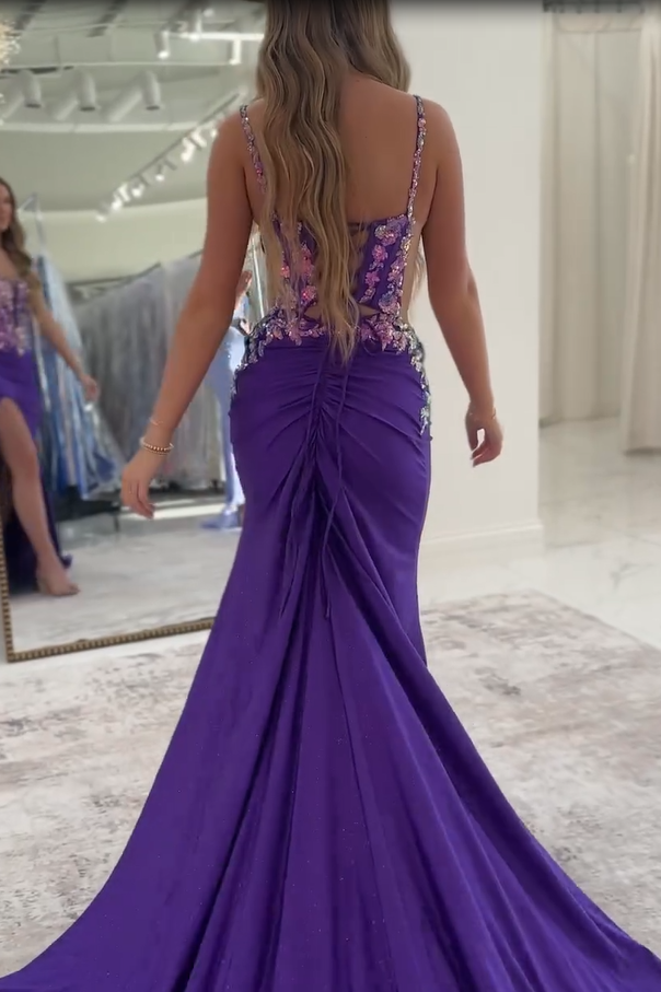 Purple Mermaid Straps V-Neck Appliques Sleeveless Prom Dress with Slit