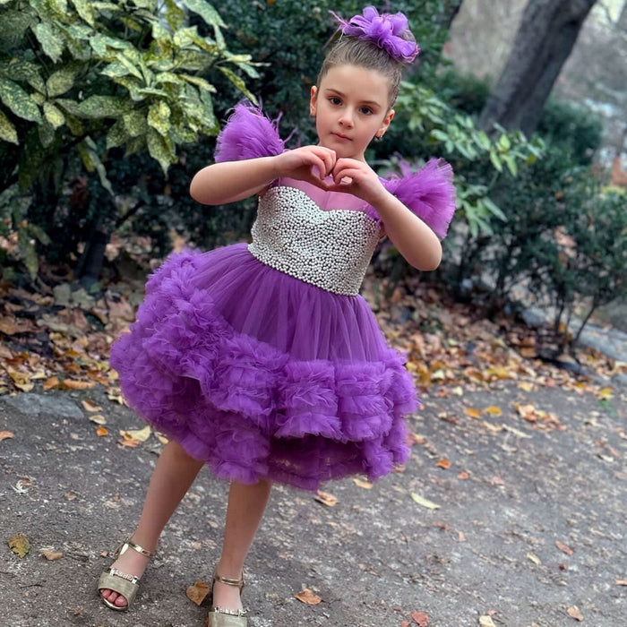 Purple Pearls Flower Girl Dress for Wedding Birthday J318