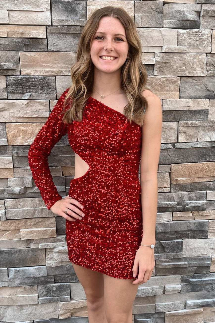 Purple Sequin One-Sleeve Cutout Short Homecoming Dress