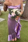 Purple Spaghetti Straps Ruffles Satin High Slit Long Formal Prom Dress