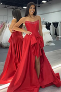 Red A-Line Empire-Waist Satin Pleated High Slit Prom Dress with Bow